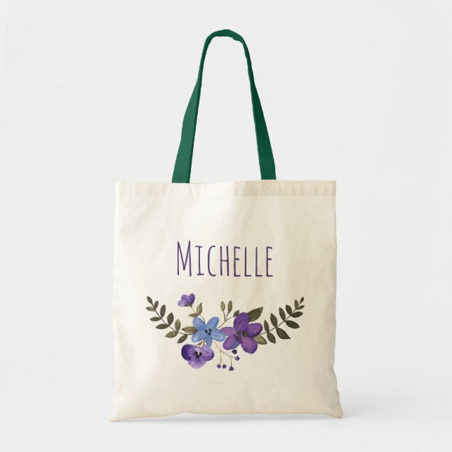 Bolso De Tela Purple Blue Floral with Name (Frente)