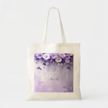 Purple Flowers with Dangling Pearls Tote Bag