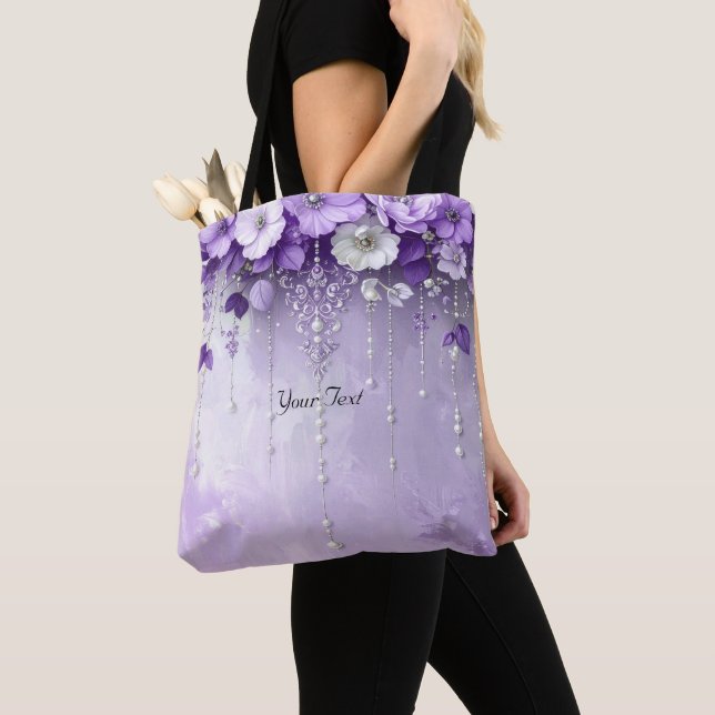 Bolso De Tela Purple Flowers with Dangling Pearls Tote Bag (Detalle)
