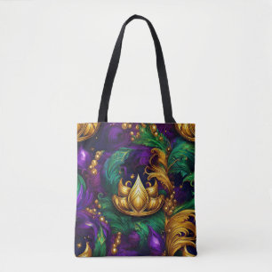 BOLSO DE TELA PURPLE GOLD GREEN MARDI GRAS CROWN & FEATHERS