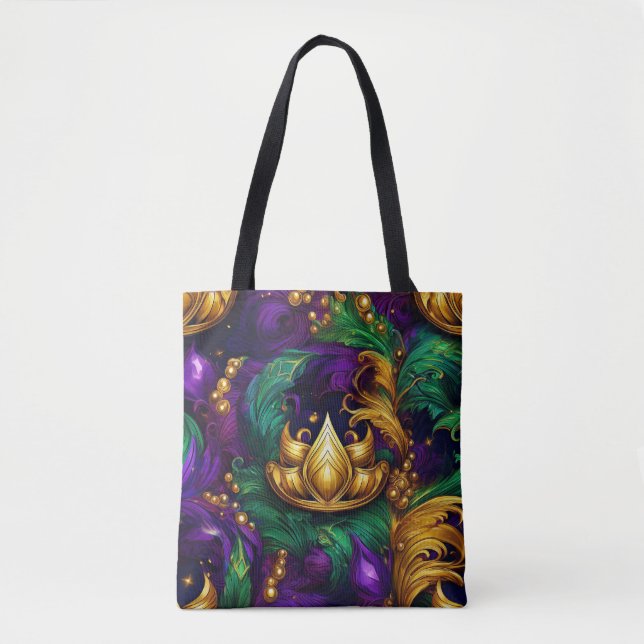 BOLSO DE TELA PURPLE GOLD GREEN MARDI GRAS CROWN & FEATHERS (Anverso)