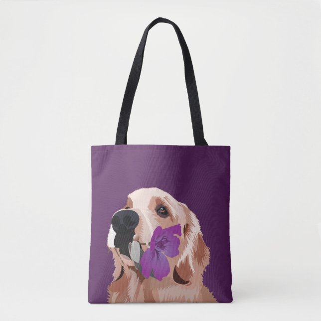 Bolso De Tela Purple Golden Retriever con una flor (Anverso)