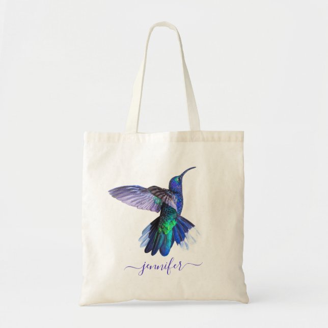 Bolso De Tela Purple Hummingbird Nombre Personalizado (Frente)