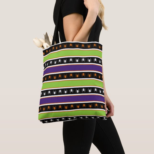 BOLSO DE TELA PURPLE NARANJA VERDE BLANCO NEGRO HALLOWEEN STRIPE (Detalle)