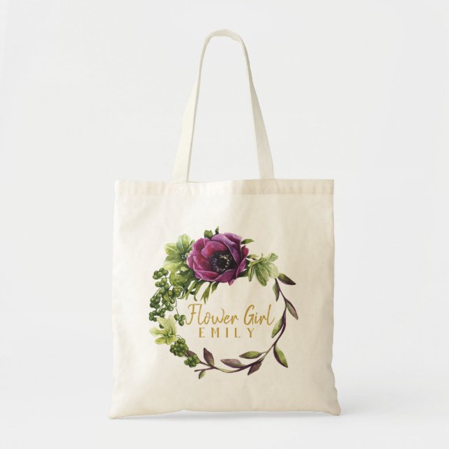 Bolso De Tela Purple Peony Wreath Flower Girl Name ID456 (Frente)
