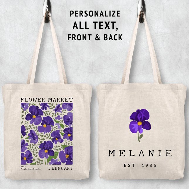Bolso De Tela Purple Violet Febrero Nacimiento Flor Nombre del m (Personalized February Birth Flower Market Tote Bag, Custom Name Bag, Bachelorette Bridesmaid Gifts )