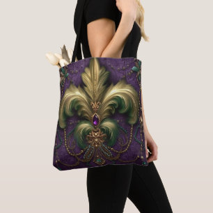 BOLSO DE TELA PÚRPURA CON VERDE Y ORO MARDI GRAS FLEUR DI LIS