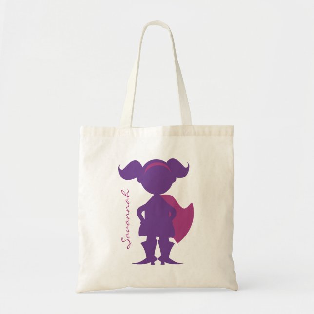 Bolso De Tela Púrpura personalizada silueta del chica del super (Frente)