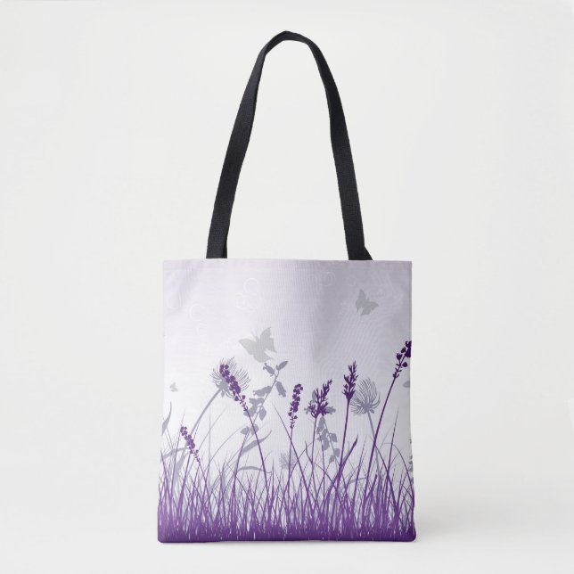 Bolso De Tela Púrpura pradera y mariposas (Anverso)