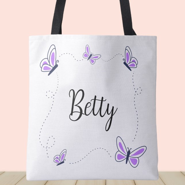 Bolso De Tela Púrpura y mariposas blancas singulares (Purple butterflies custom name tote bag.)