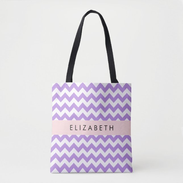 Bolso De Tela Púrpura Zigzag, Púrpura Chevron, Tu Nombre (Anverso)