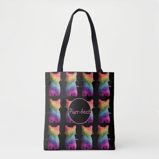 Bolso De Tela Purpurina arcoiris oscuro gato estético arcoiris (Anverso)