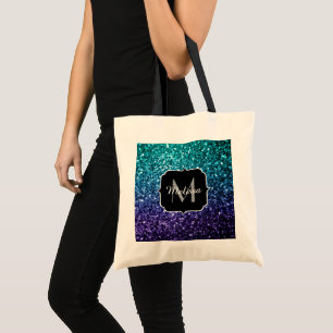 Bolso De Tela Purpurina azul Aqua Ombre fino chispas Monograma