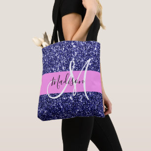 Bolso De Tela Purpurina azul de la Marina Glam Nombre Monograma