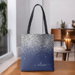 Bolso De Tela Purpurina azul de la Marina Plata Monograma Girly<br><div class="desc">Bolsa de libros monograma elegante de Navy Blue y Silver Faux Sparkle y Purpurina. Esta Bolsa de Libros puede ser personalizada para incluir su nombre inicial y de pila y entregarse como regalo para Navidades,  Dulce 16 Cumpleaños,  Ducha de Novias o un Boda.</div>