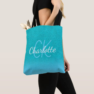 Bolso De Tela purpurina azul verde azulado aqua green monograma