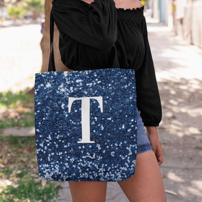 Bolso De Tela Purpurina Bokeh Sparkly Monograma de la Marina Blu (Navy Blue Chunky Glitter Monogram Tote Bag)