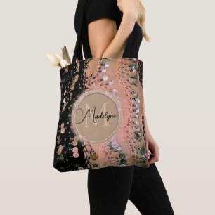 Bolso De Tela Purpurina Coral rosa y bufanda negra personalizada