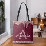 Bolso De Tela Purpurina de Borgoña Rosa Rosa Elegante Monograma<br><div class="desc">Oro rosa rosa y Borgoña Marsala Faux Sparkle y Purpurina de goteo Elegante Bolsa de libros monograma. Esta Bolsa de Libros puede ser personalizada para incluir su nombre inicial y de pila y entregarse como regalo para Navidades,  Dulce 16 Cumpleaños,  Ducha de Novias o un Boda.</div>