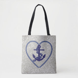 Bolso De Tela Purpurina de Faux de Plata de Anchor del Corazón N