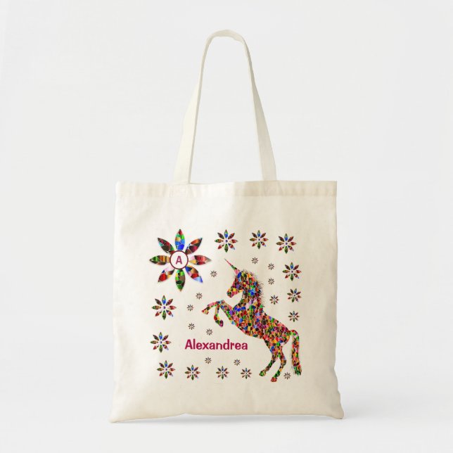 Bolso De Tela Purpurina de flores de unicornio (Frente)