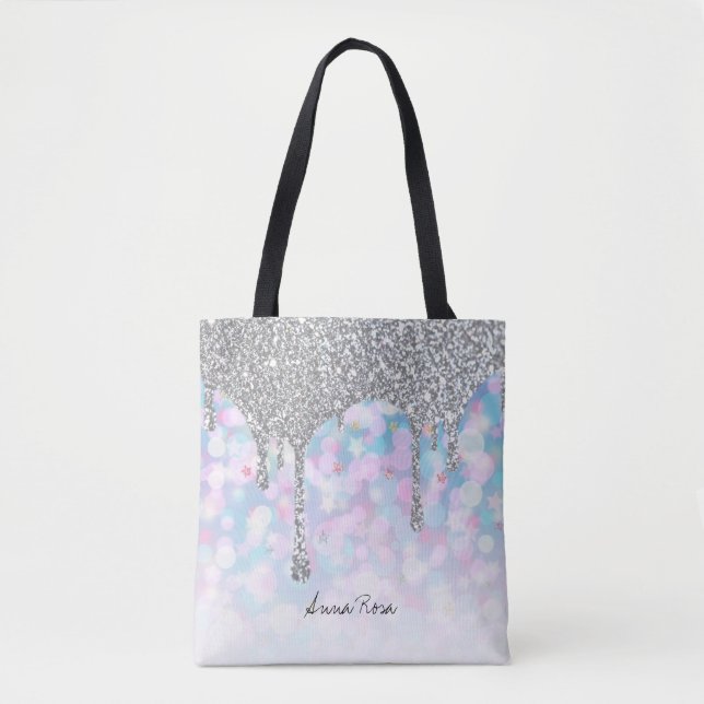 Bolso De Tela *~* Purpurina de goteo plateado Pastel Estrellas r (Anverso)