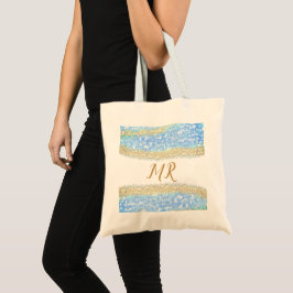 Bolso De Tela purpurina de oro azul chispa monograma texto