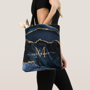 Bolso De Tela Purpurina de oro azul de la marina Tote Bag Nombre