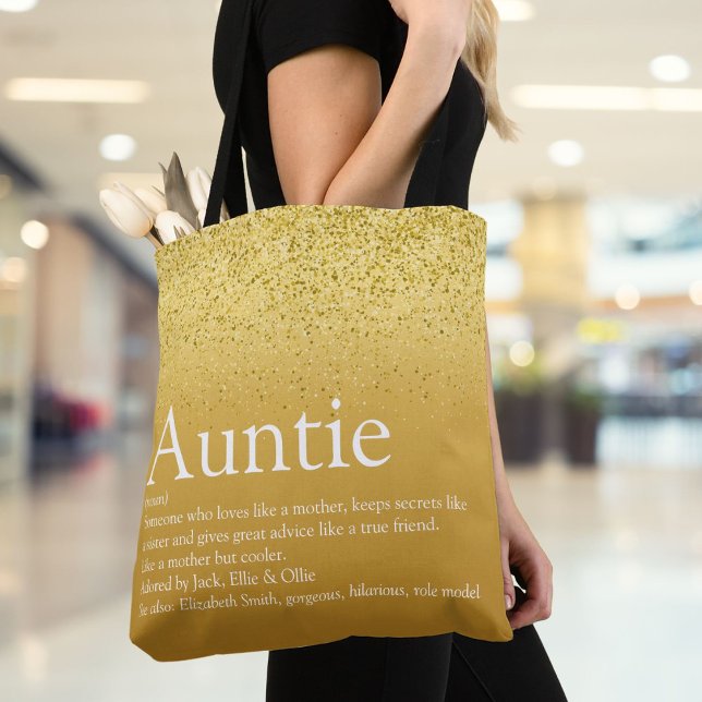 Bolso De Tela Purpurina de oro Glam Divertido definición de tía  (Gold Glitter Glam Fun Cool Aunt Auntie Definition Tote Bag)
