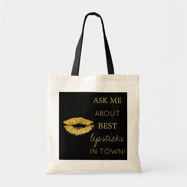 Bolso De Tela Purpurina de oro labios imprimir negro preguntarme (Frente)
