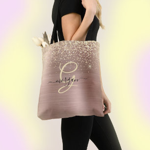 Bolso De Tela Purpurina de oro, Monograma de oro, Nombre de guió