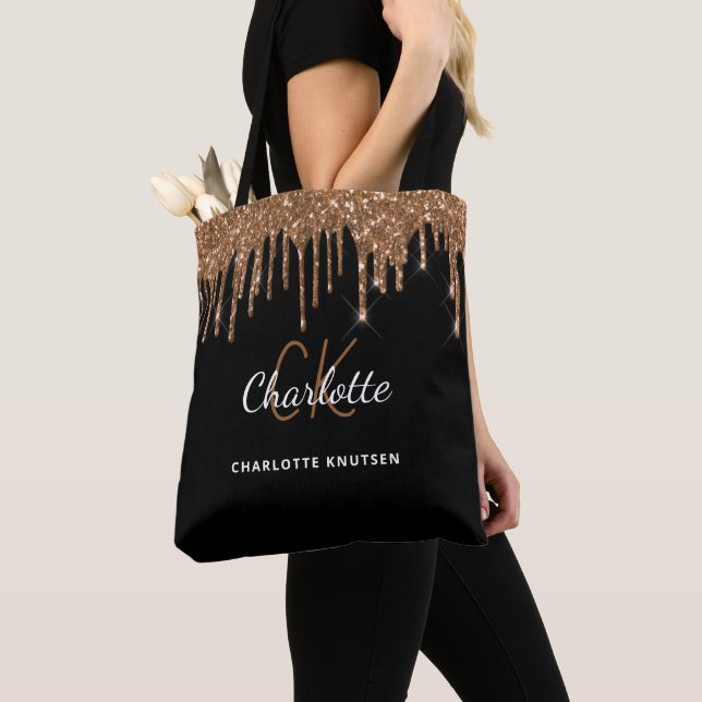 Bolso De Tela Purpurina de oro negro gotea iniciales en monogram (Detalle)