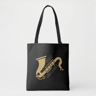 Bolso De Tela Purpurina de oro Saxophon Ilustracion Personalizad