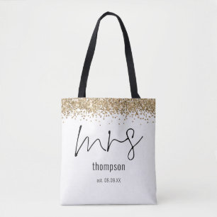 Bolso De Tela Purpurina de oro Script Sra. Name Date Bride