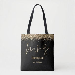 Bolso De Tela Purpurina de oro Script Sra. Nombre Fecha Novia Ne