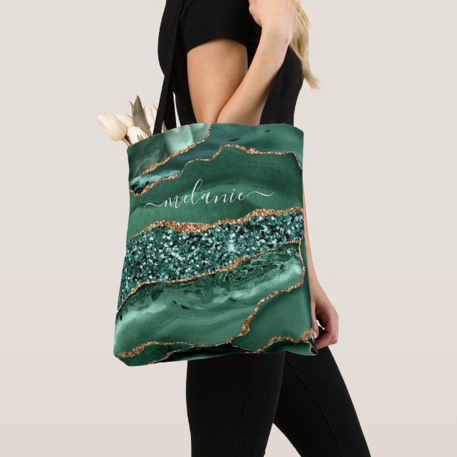 Bolso De Tela Purpurina de oro verde esmeralda Tote Bag Nombre p (Detalle)