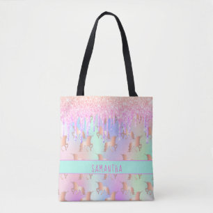 Bolso De Tela Purpurina de unicornio gotea holografía de chica d