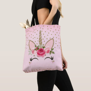 Bolso De Tela Purpurina del oro y unicornio floral rosado de