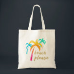 Bolso De Tela purpurina dorado "playa por favor" con palmeras de<br><div class="desc">Diseño colorido y veraniego que representa palmeras y el moderno texto de purpurina dorado "playa por favor". Puede personalizar del producto eligiendo el color de fondo.</div>