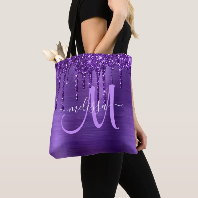 Bolso De Tela Purpurina Girly Purple Dripping Brush Monograma Me (Detalle)