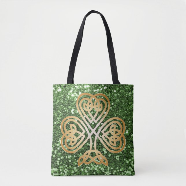 Bolso De Tela Purpurina Golden Brillante Celtic Shamrock Green F (Anverso)