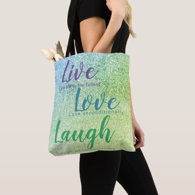 Bolso De Tela Purpurina Inspire Live Love Lauder Blue Green Purp (Detalle)