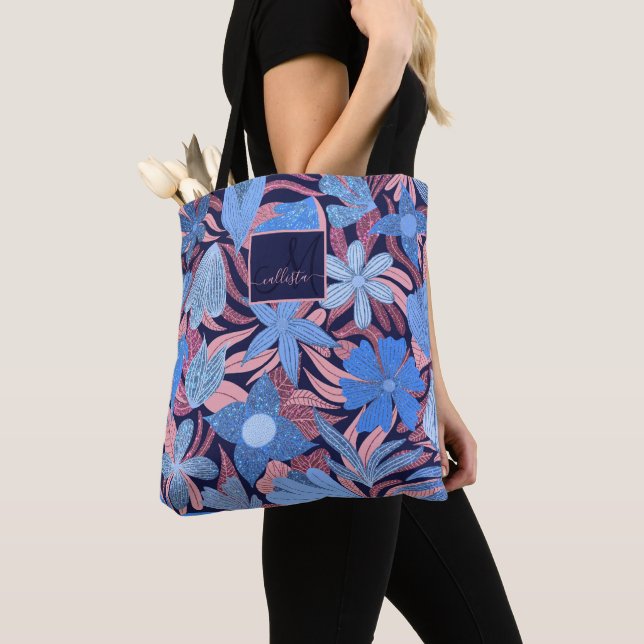 Bolso De Tela Purpurina Monograma de hojas florales rosadas Past (Detalle)