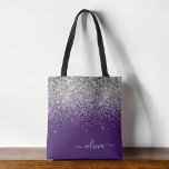 Bolso De Tela Purpurina morado plateado Monograma Girly Nombre T<br><div class="desc">Fallo morado y plateado y Purpurina elegante bolsa de libros monograma. Esta Bolsa de Libros puede ser personalizada para incluir su nombre inicial y de pila y entregarse como regalo para Navidades,  Dulce 16 Cumpleaños,  Ducha de Novias o un Boda.</div>