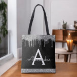 Bolso De Tela Purpurina negro plateado Sparkle Elegante Monogram<br><div class="desc">Lujoso espárrago plateado y negro de imitación y elegante bolsa de libros monograma Purpurina. Esta Bolsa de Libros puede ser personalizada para incluir su nombre inicial y de pila y entregarse como regalo para Navidades,  Dulce 16 Cumpleaños,  Ducha de Novias o un Boda.</div>