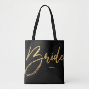 Bolso De Tela Purpurina Novia Gold y caligrafía negra
