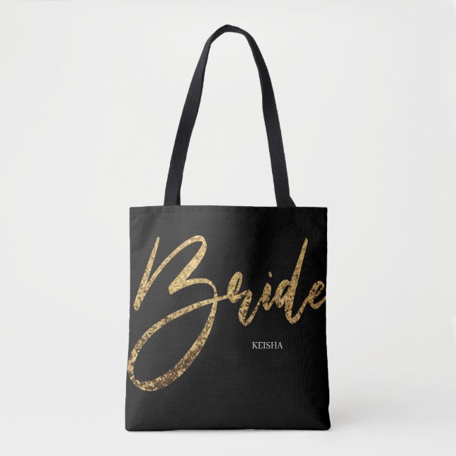Bolso De Tela Purpurina Novia Gold y caligrafía negra (Anverso)