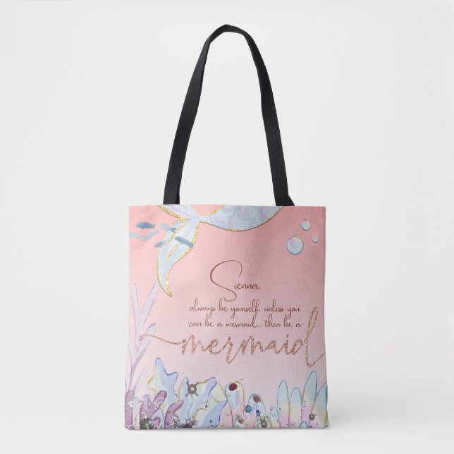 Bolso De Tela Purpurina Pastel personalizado "Sé una Sirena" (Anverso)
