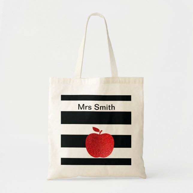 Bolso De Tela Purpurina personalizado Apple del profesor rayado (Frente)
