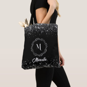 Bolso De Tela Purpurina Plata Y Elegante Negro Monogramado